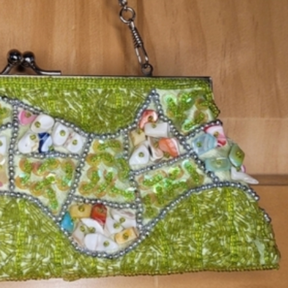 Vintage Beaded Kiss Lock Clutch Bag Green Cottagecore Garden Party Crossbody - Picture 7 of 11